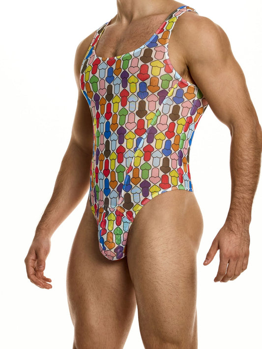 Colorful geometric patterned sheer bodysuit on a white background