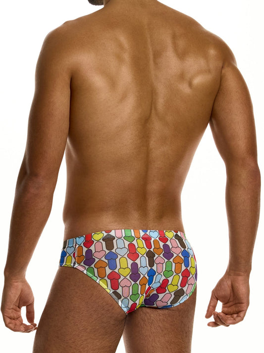 Man wearing colorful sheer mesh briefs on a white background