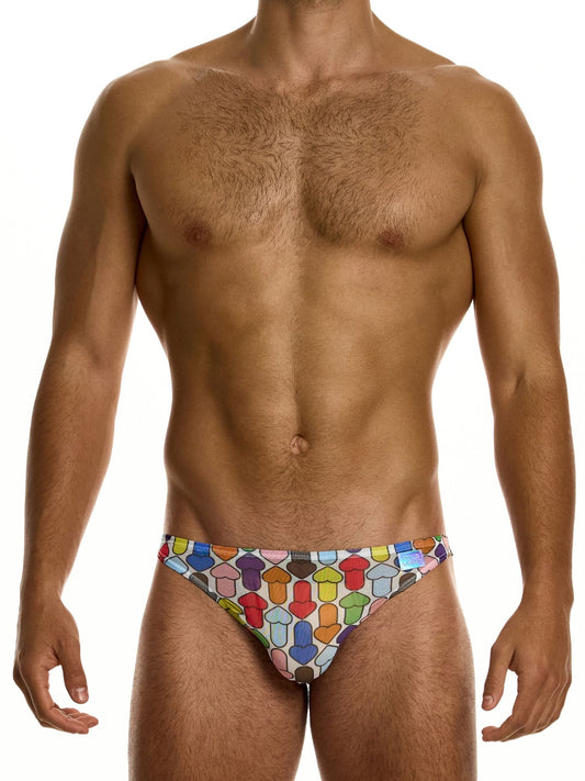 Man wearing colorful patterned underwear on a white background