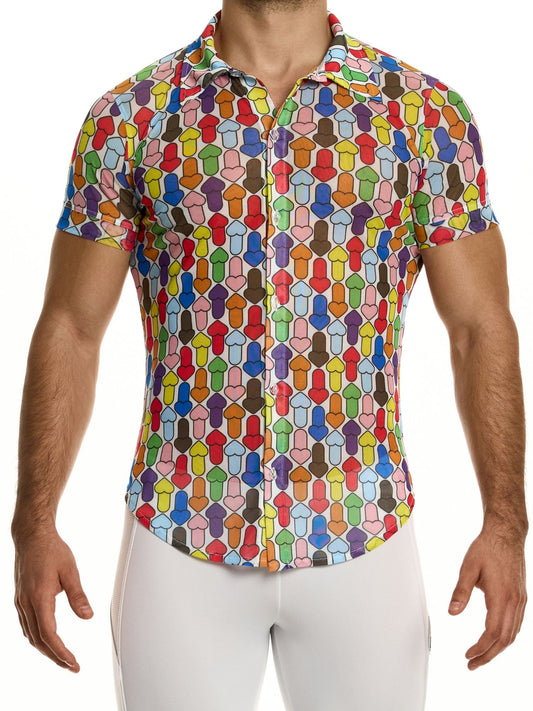 Man wearing a colorful geometric patterned shirt on a white background