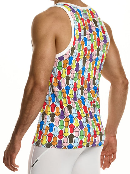 Colorful geometric patterned tank top worn by a person on a white background
