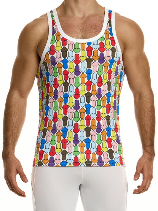 Colorful geometric patterned tank top worn by a person on a white background