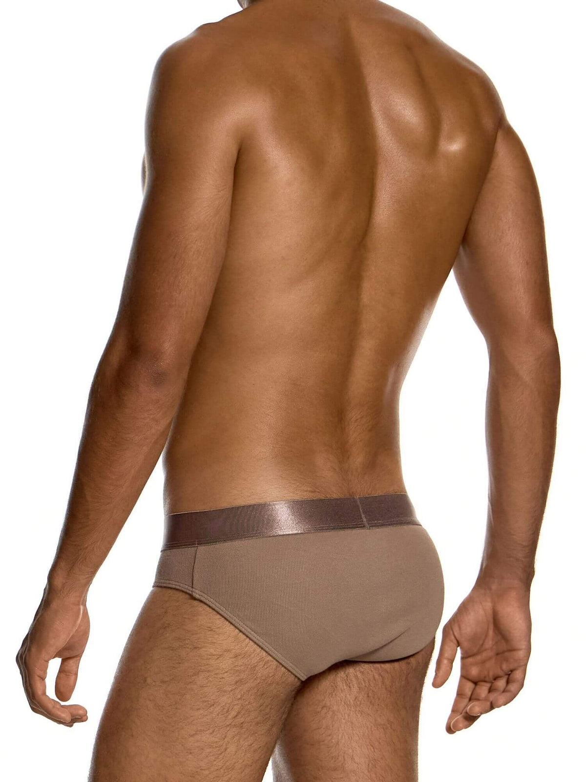 Rear view of a man wearing low-rise briefs in a taupe brown color, showing the back and waistband against a white background.