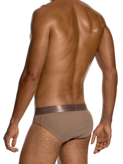 Rear view of a man wearing low-rise briefs in a taupe brown color, showing the back and waistband against a white background.