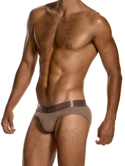 A shirtless male model wearing low-rise briefs in a taupe-brown color, shown from the chest down against a plain white background. The waistband features the brand name MODUS 'VIVENDI'.