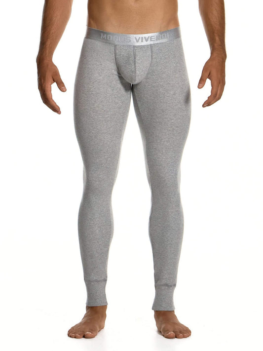 A man wearing light gray heathered compression leggings with a branded elastic waistband, shown from the waist down against a plain white studio background.