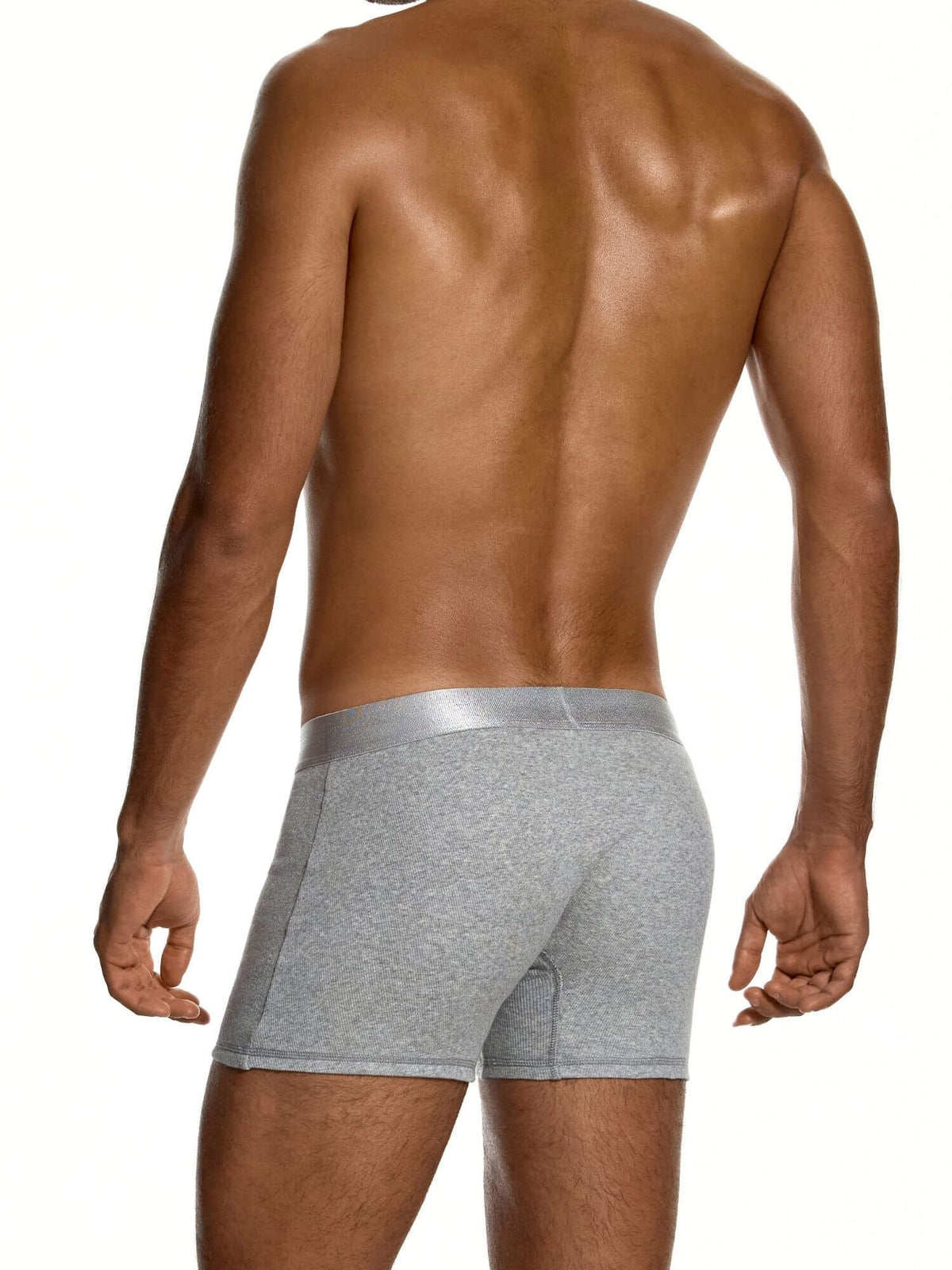 A man shown from the back wearing light gray heathered boxer briefs with a metallic silver-gray waistband, against a plain white background.