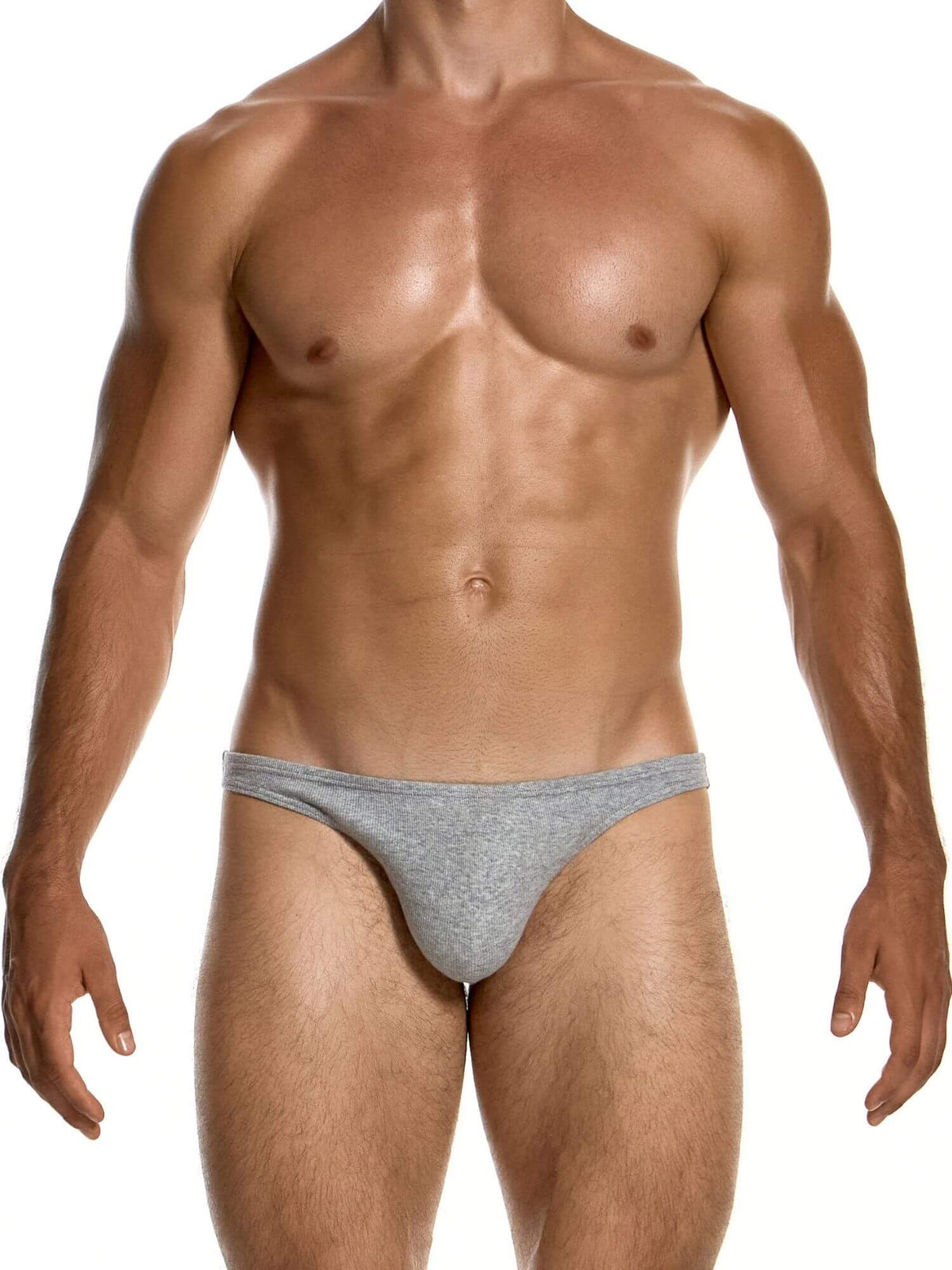 A muscular male model wearing a low-rise, heather gray men's briefs, shown from the chest down against a solid white background.
