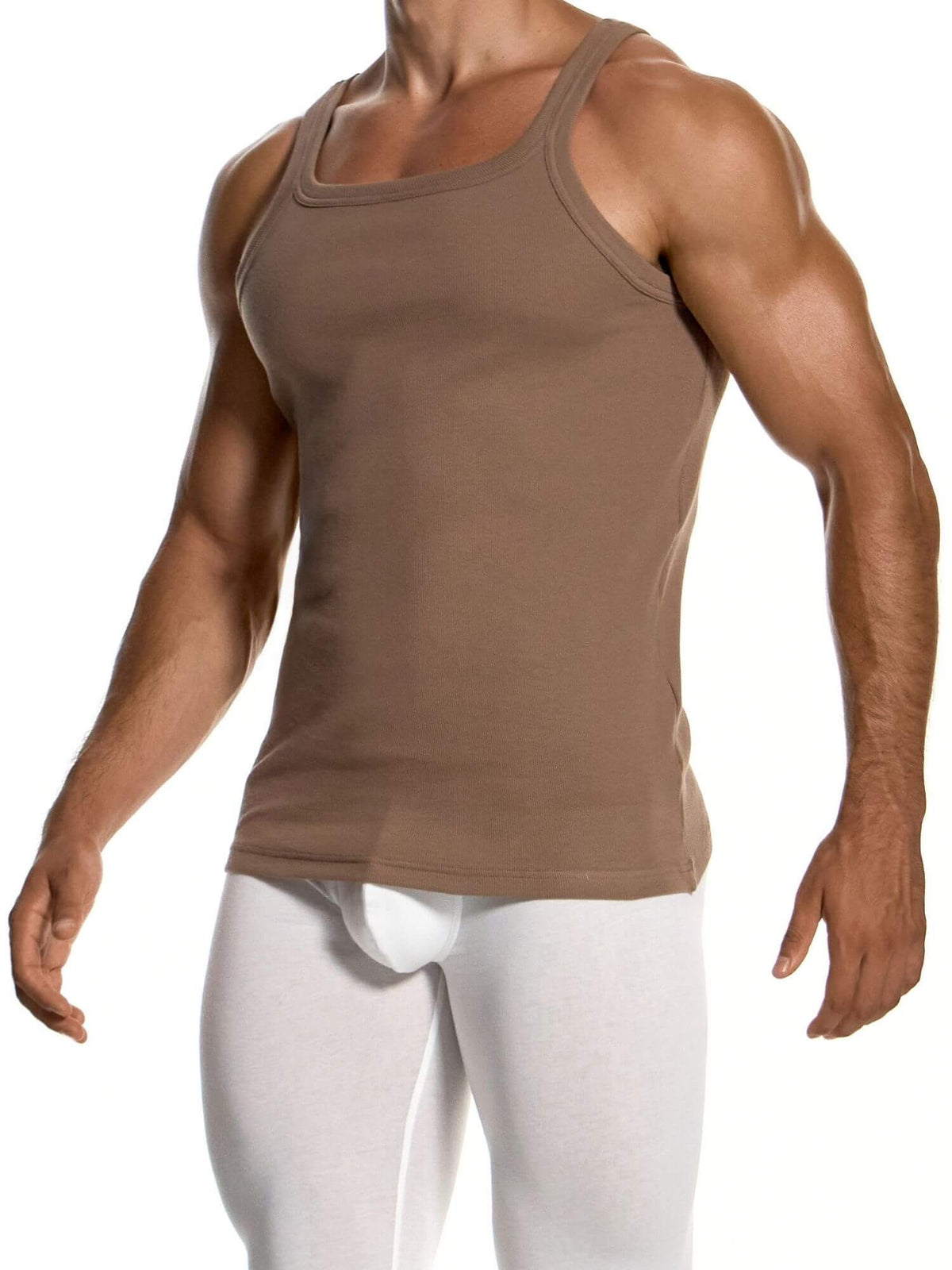 A muscular male model wearing a brown ribbed tank top and white briefs, shown from the neck down against a plain white background.