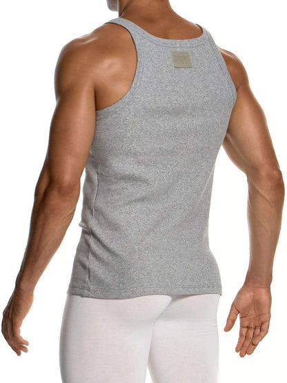 A man wearing a heather gray tank top and white leggings, shown from the back against a plain white background.