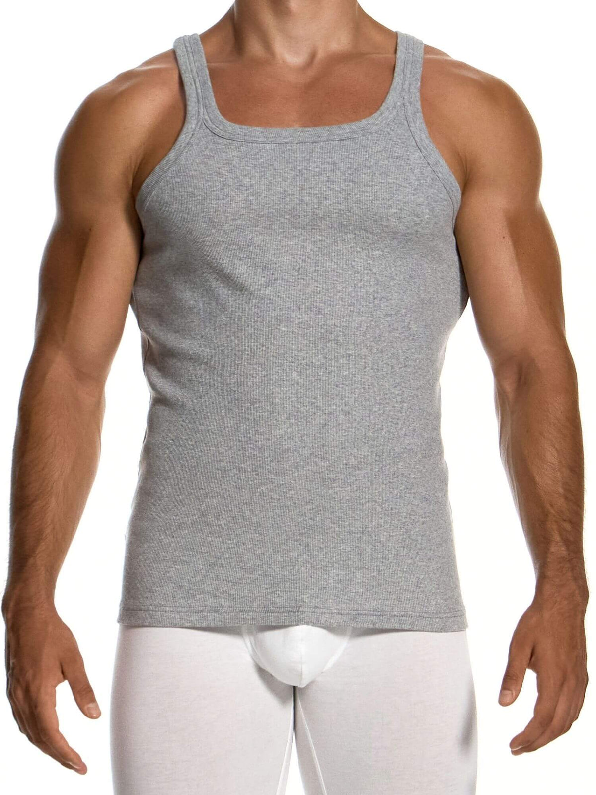A man wearing a heather gray ribbed tank top and white briefs, shown from the neck down against a plain white background.