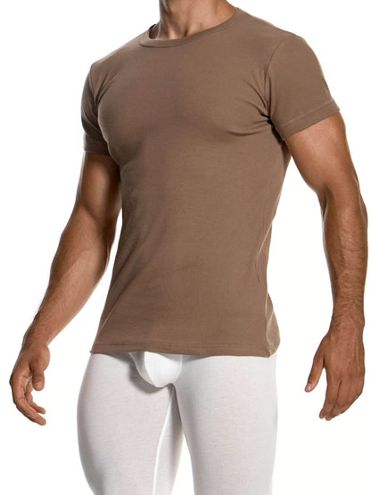 A man wearing a fitted short-sleeve crew-neck t-shirt in taupe brown, paired with white briefs, shown against a plain white background.
