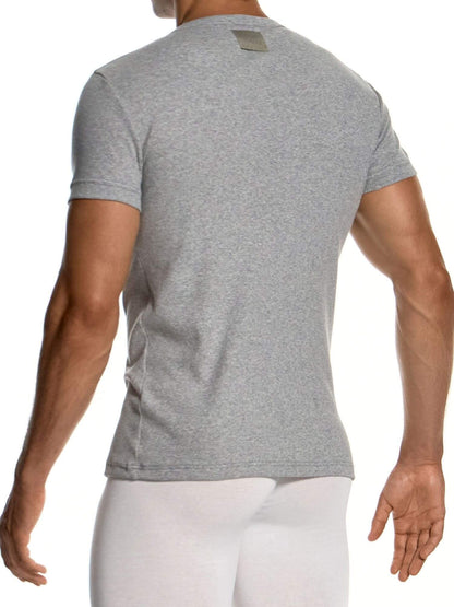 A man wearing a heather gray short-sleeve t-shirt, shown from the back against a white background.