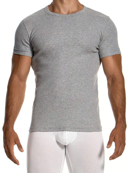 A man wearing a fitted short-sleeve crew-neck t-shirt in heather gray, paired with white briefs, shown against a plain white background.