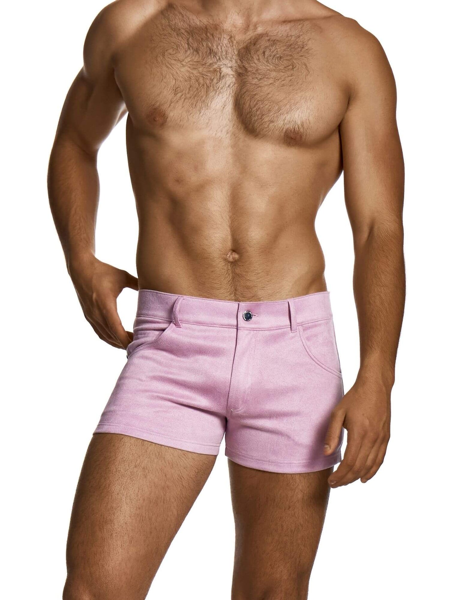 Man wearing light pink shorts on a white background