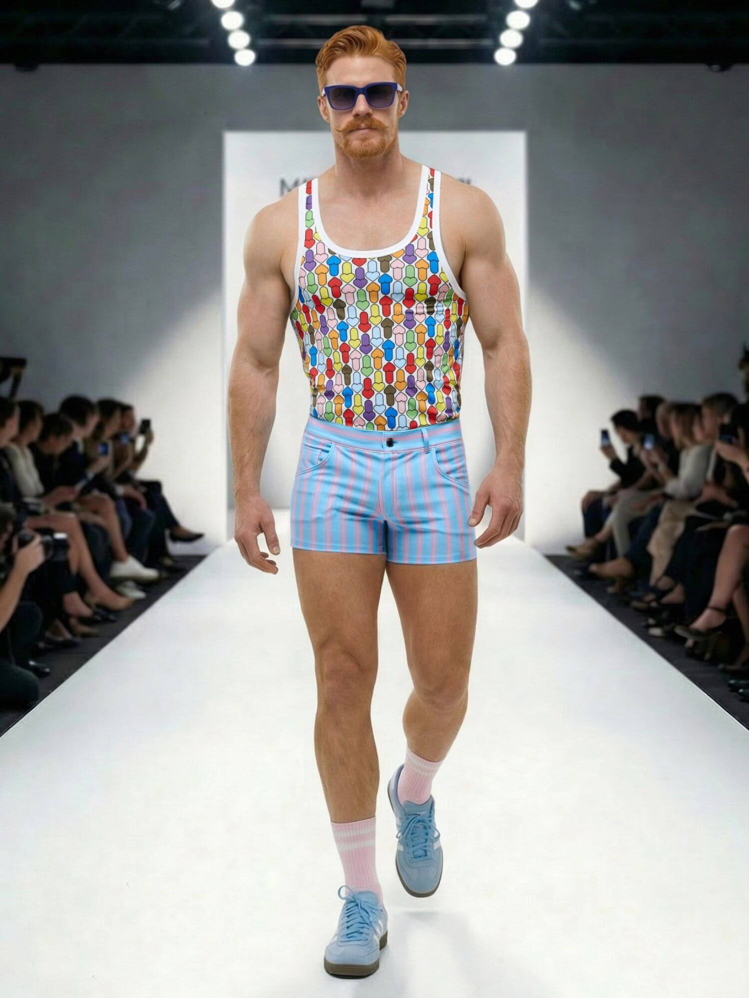 Man walking on a runway wearing a colorful tank top and striped shorts.