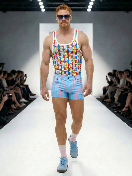 Man walking on a runway wearing a colorful tank top and striped shorts.