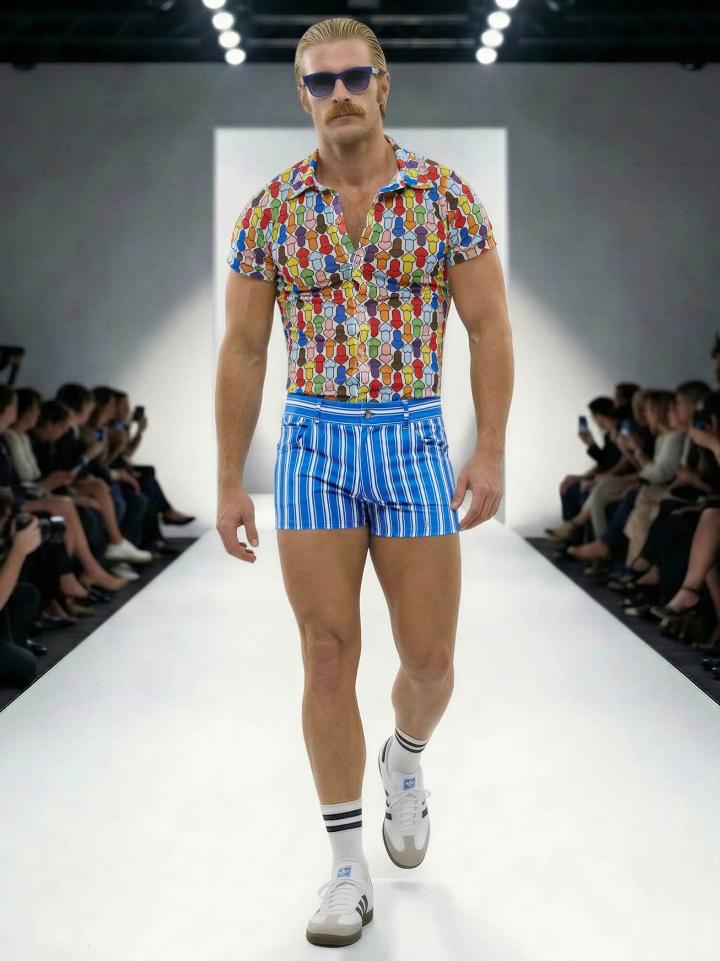 Man walking on a runway wearing a colorful shirt and blue striped shorts.