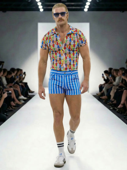 Man walking on a runway wearing a colorful shirt and blue striped shorts.