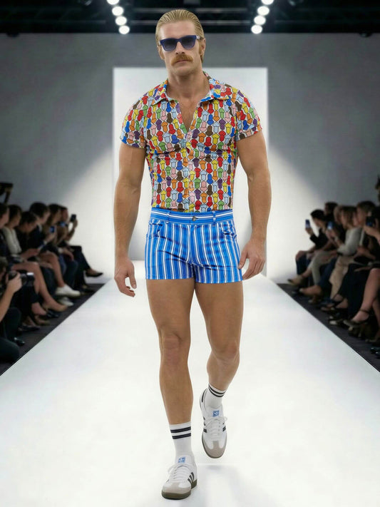 Man walking on a runway wearing a colorful shirt and blue striped shorts.