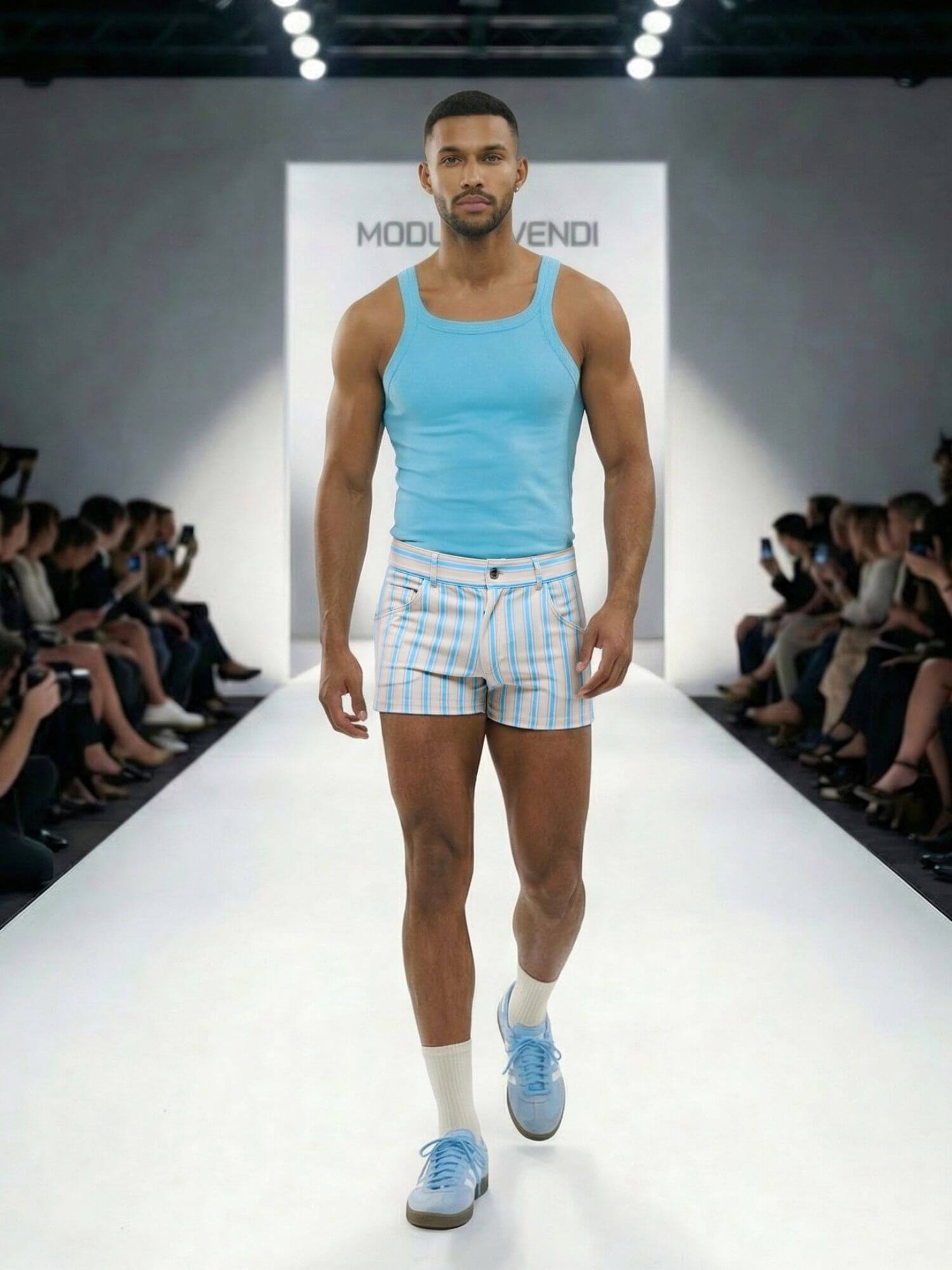 Model walking on a runway wearing a MODUS VIVENDI  light blue aqua tank top and Balanced pocket shorts