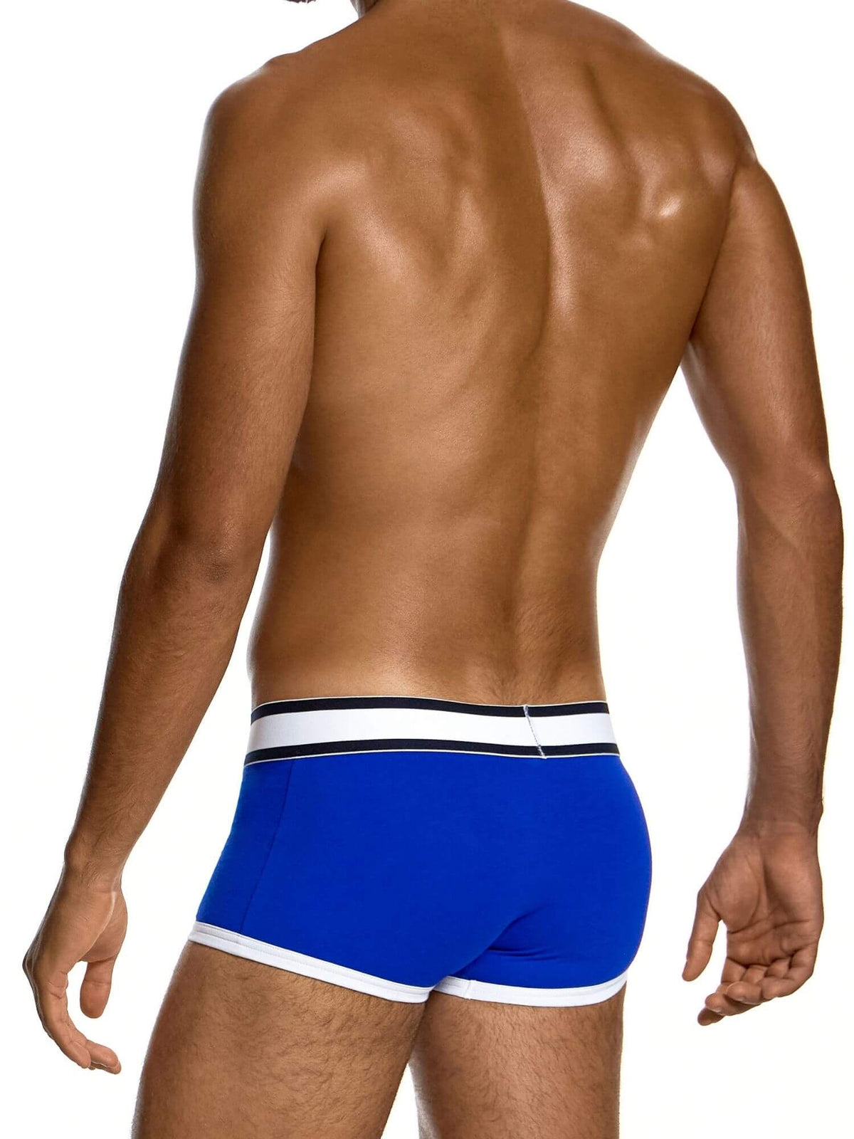 Rear view of a shirtless man wearing bright blue boxer briefs with a white and navy striped waistband, against a plain white background.