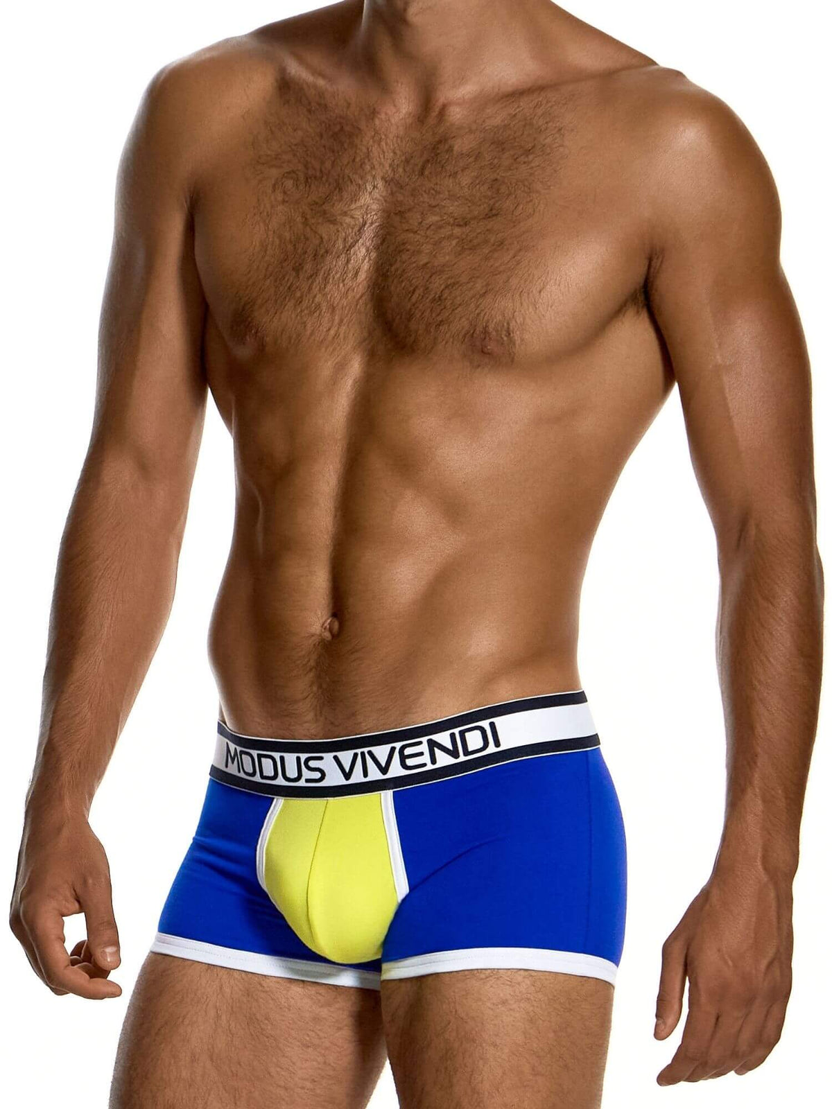A male model wearing Modus Vivendi boxer briefs with a blue and yellow color-blocked design and a white waistband.