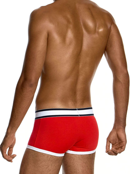 Rear view of a man wearing red boxer briefs with a white and navy blue striped waistband, against a plain white background.