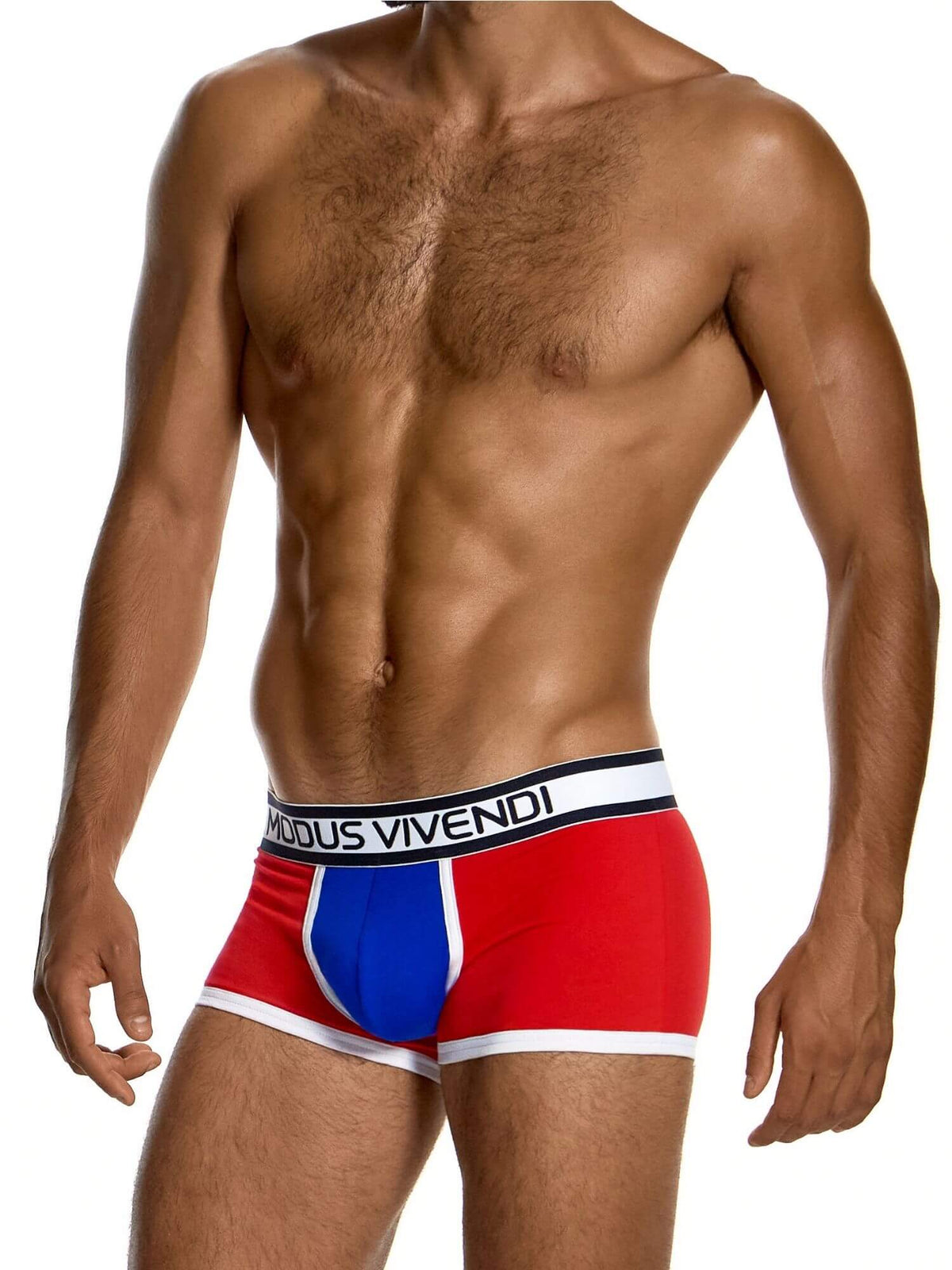 A man wearing red, blue, and white boxer briefs with a black and white waistband that reads 'MODUS VIVENDI'.