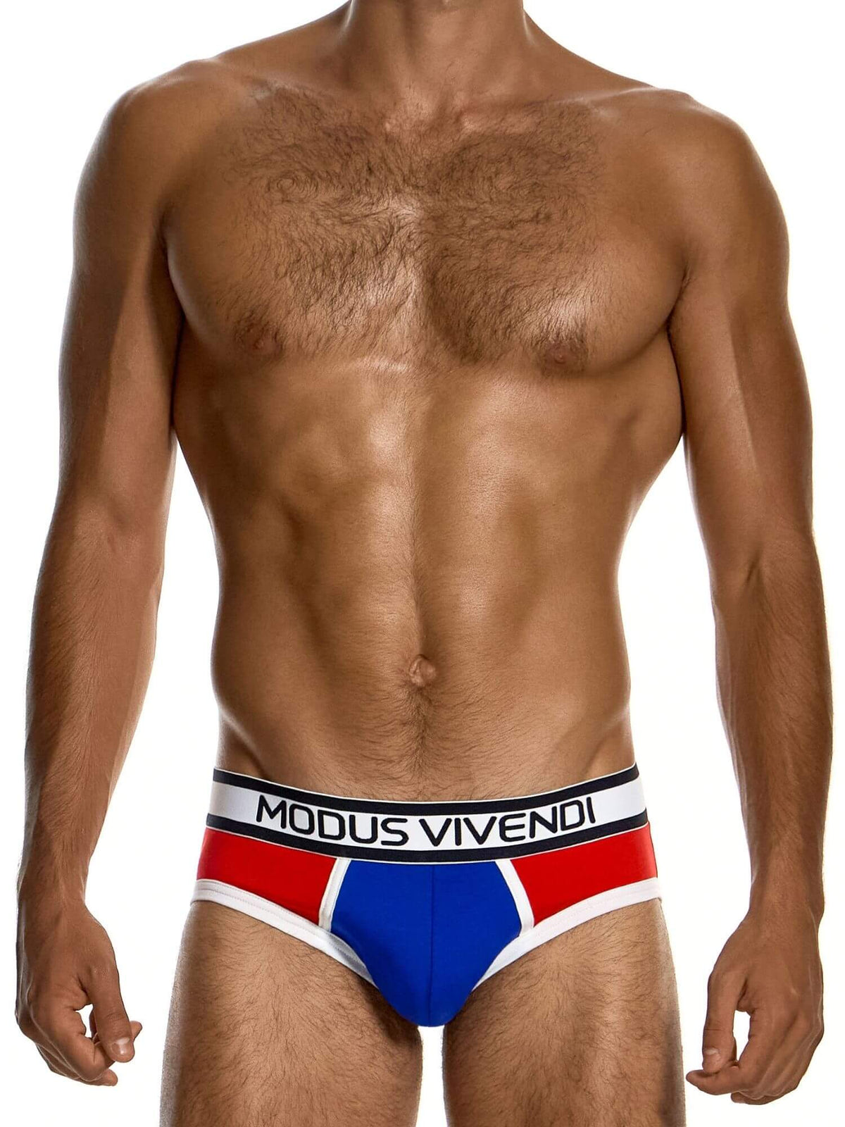 A shirtless male model wearing low-rise briefs with a red, white, and blue design and a black waistband featuring the brand name 'MODUS VIVENDI'.