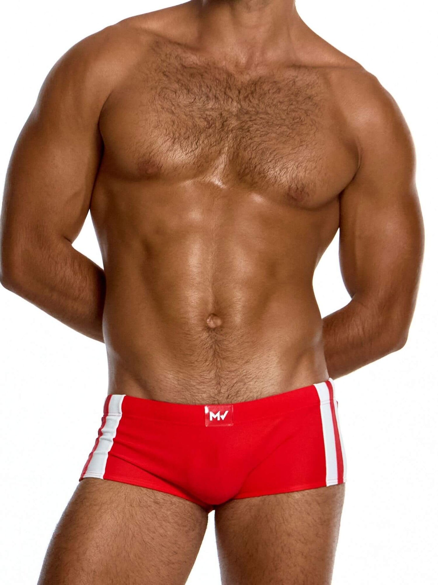 Red swim trunks with a logo on a white background