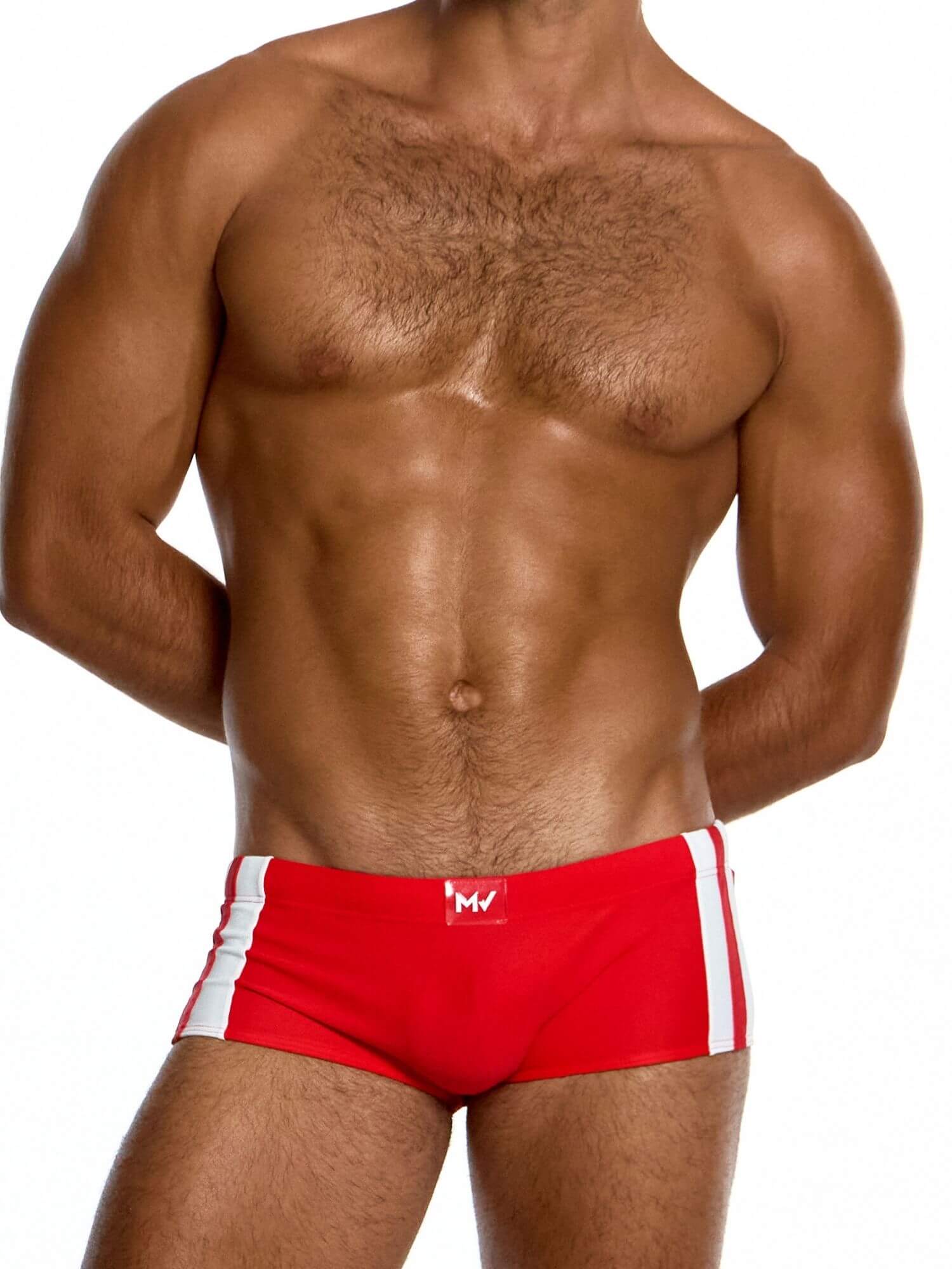 Red swim trunks with a logo on a white background