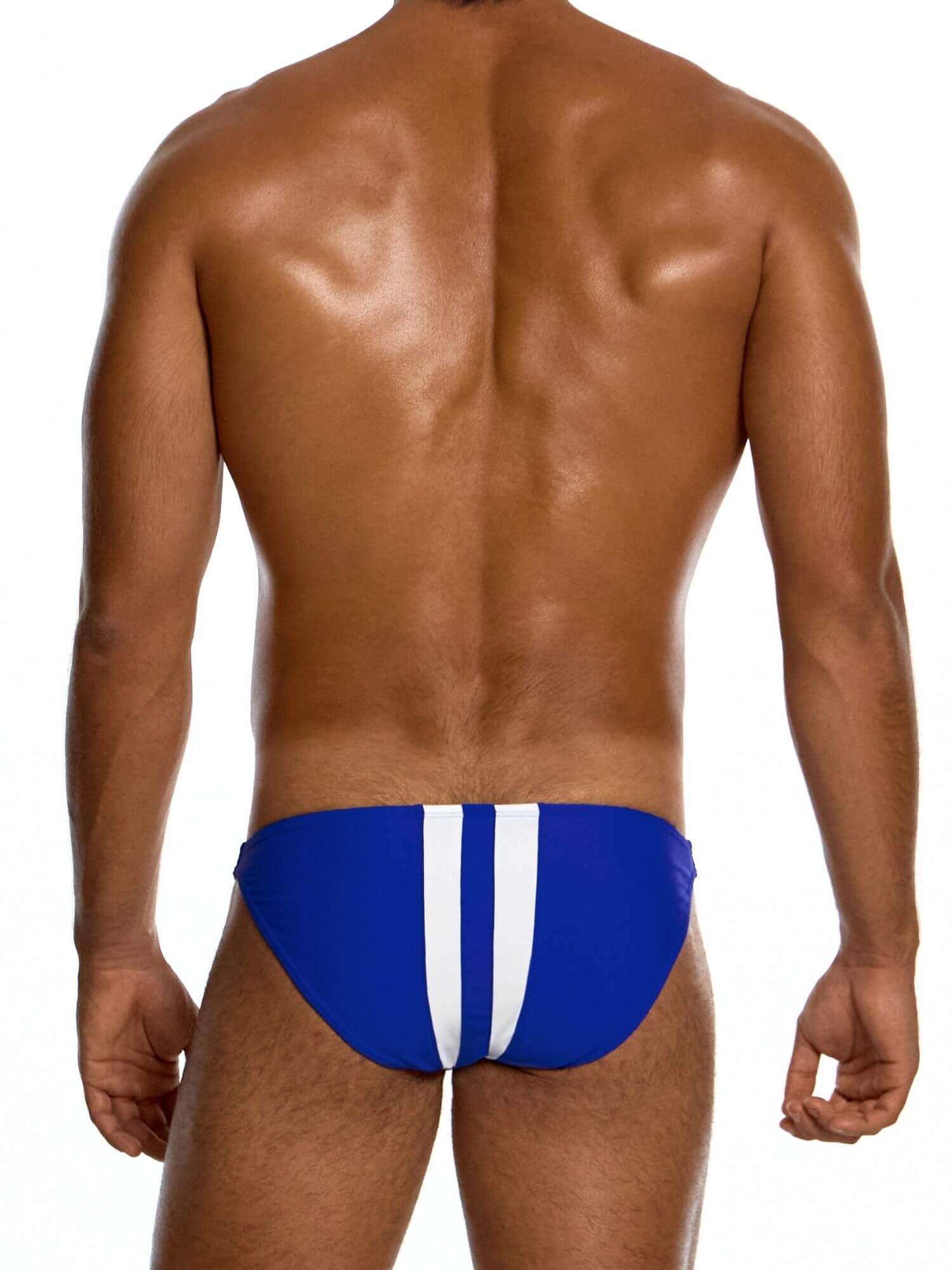 Man wearing a blue swim bikini brief with white stripes on a white background
