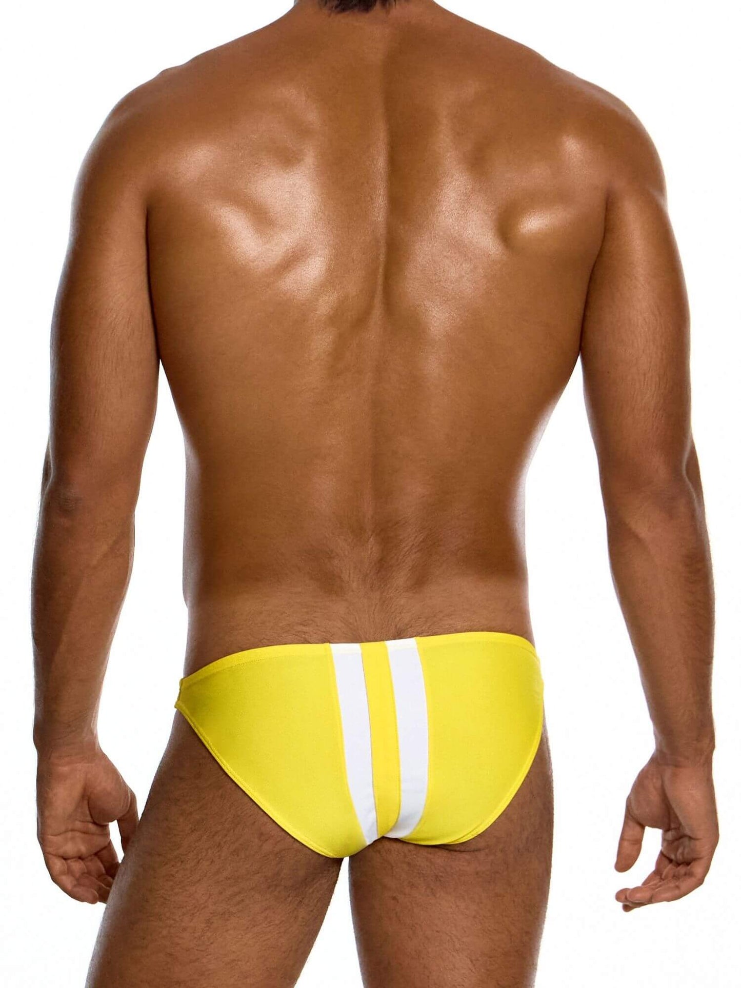 Yellow swim brief with white stripes on a plain background