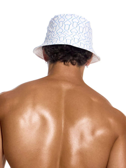 Person wearing a patterned bucket hat from behind on a white background