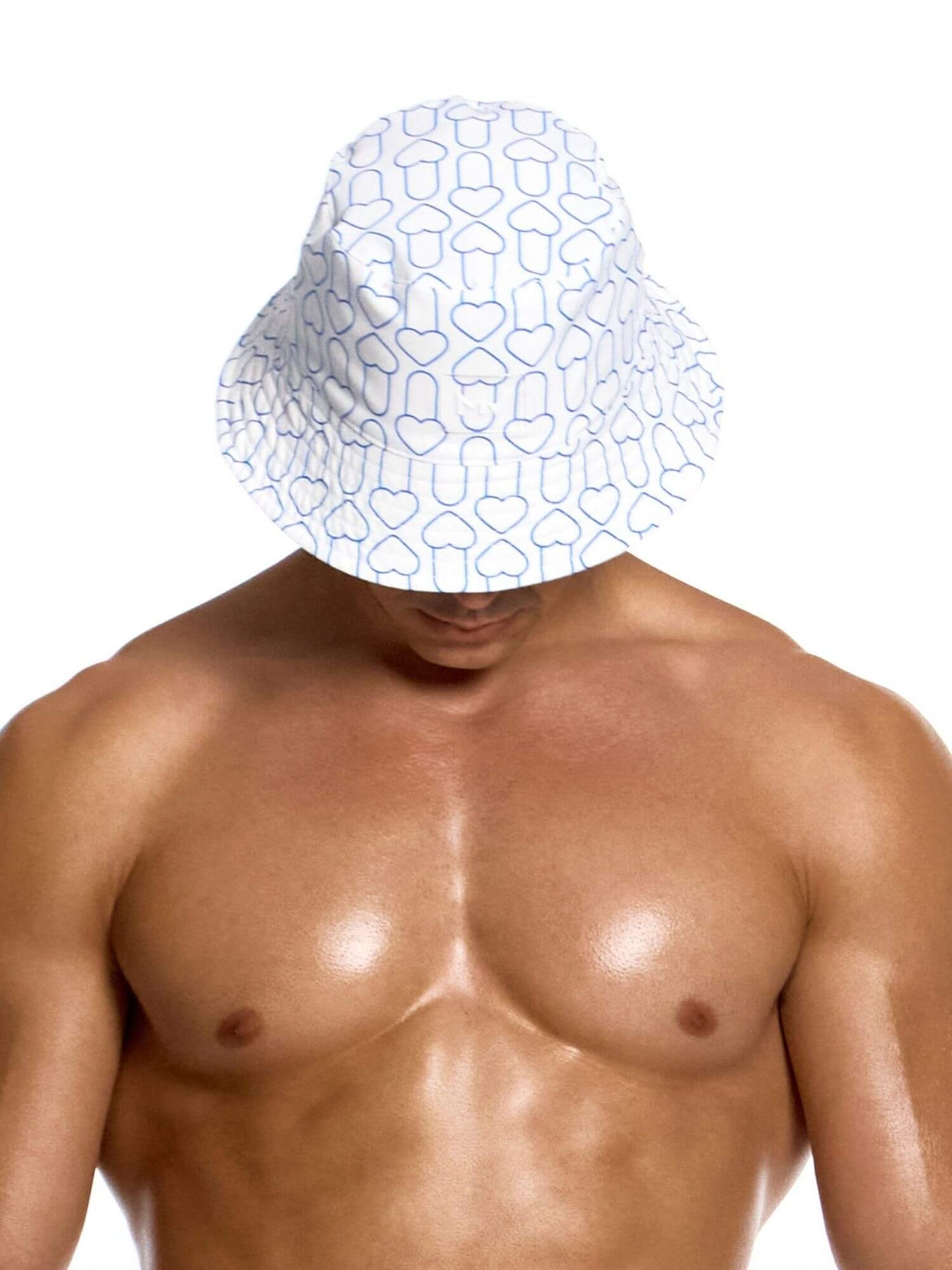 Man wearing a white hat with blue geometric pattern on a white background