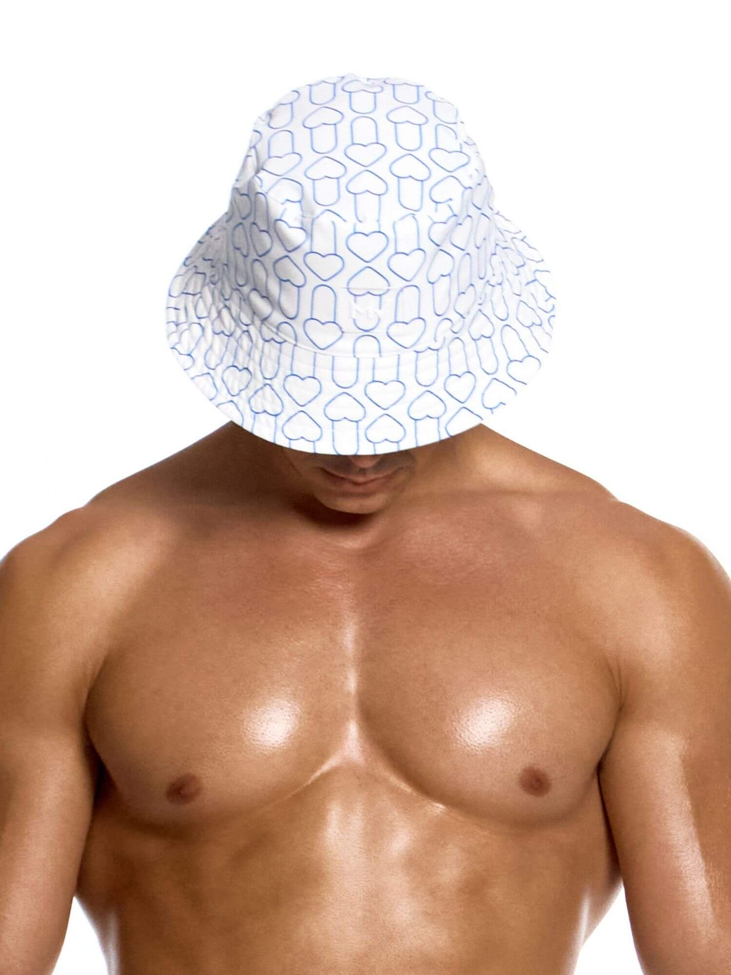 Man wearing a white hat with blue geometric pattern on a white background