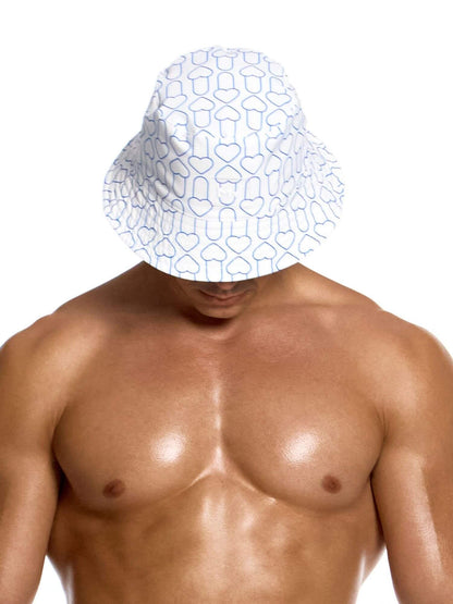Man wearing a white hat with blue geometric pattern on a white background