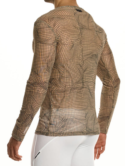 Person wearing a brown grid-patterned long-sleeve shirt on a white background