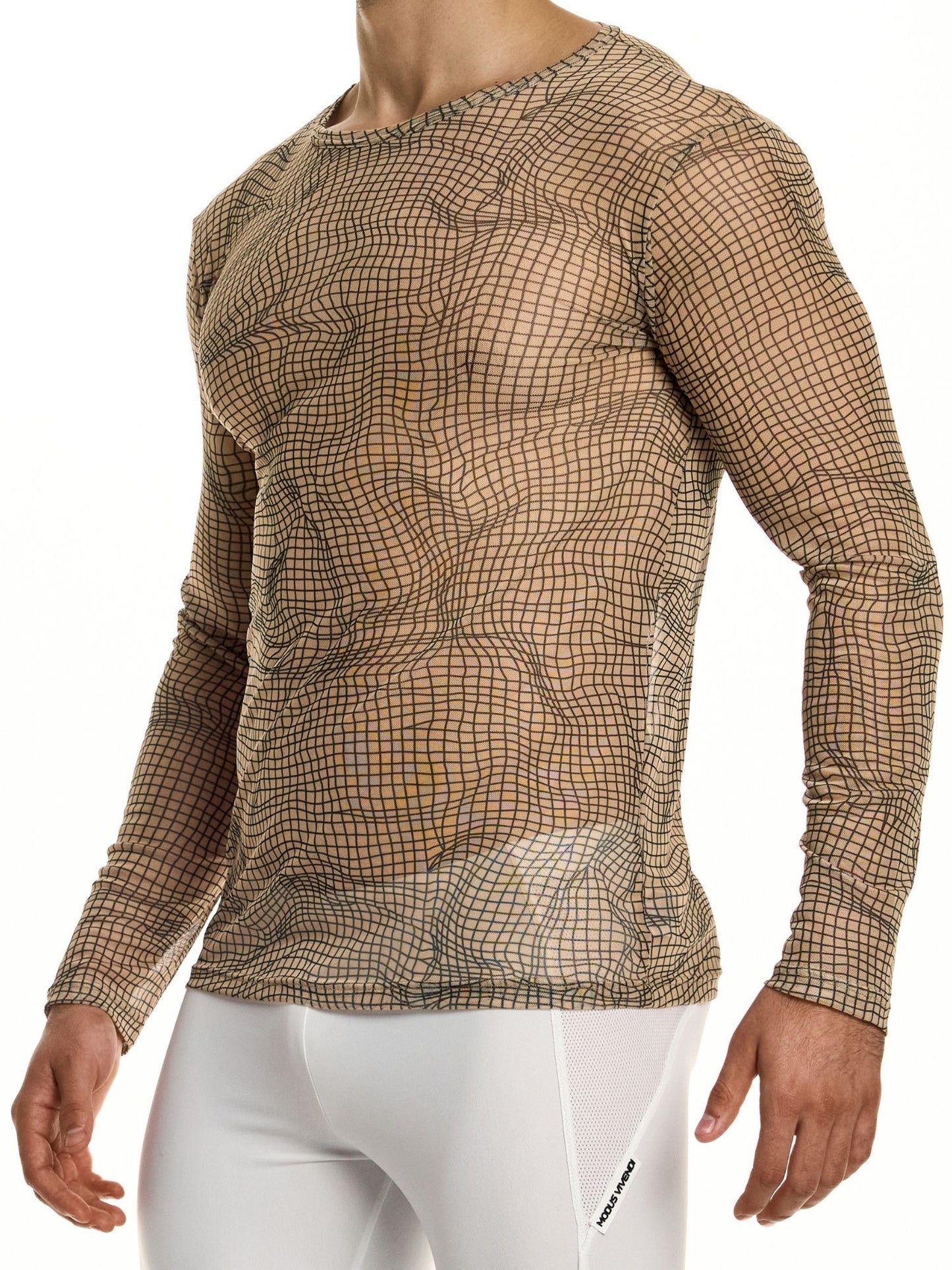 Person wearing a long-sleeve patterned shirt with a white background