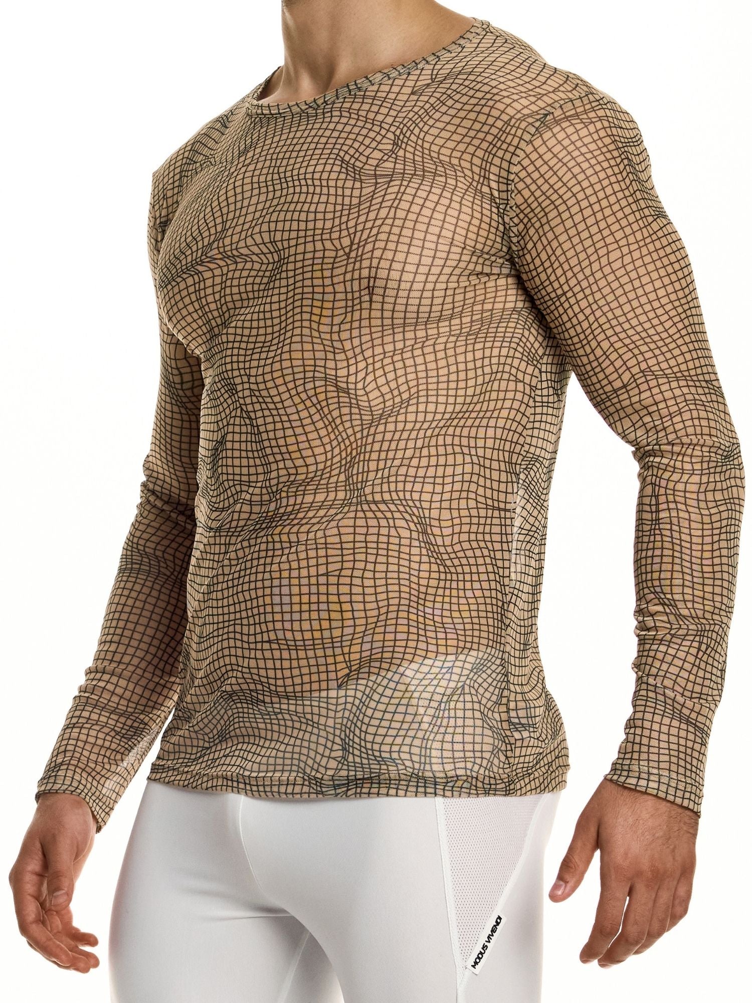 Person wearing a long-sleeve patterned shirt with a white background