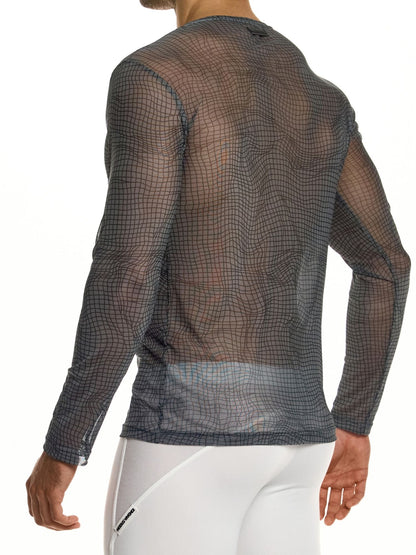 Person wearing a sheer long-sleeve top with a grid pattern on a white background