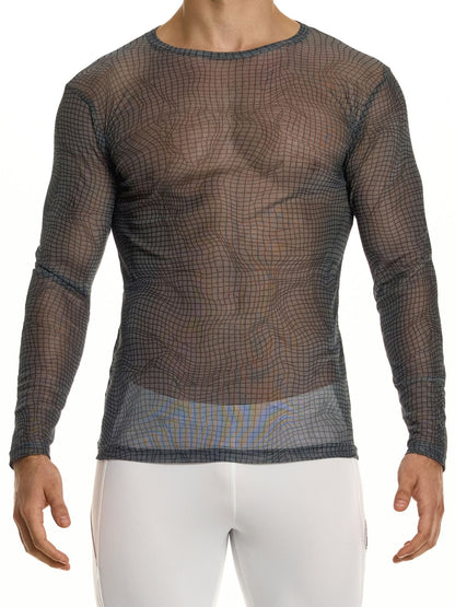 Man wearing a sheer black long-sleeve shirt with a grid pattern on a white background