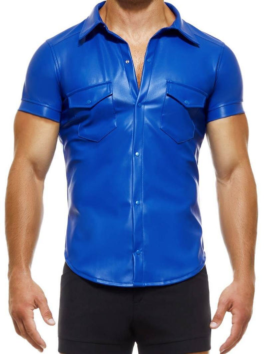 Mens MODUS VIVENDI Leather Shirt: Faux Leather, Short Sleeves, Collared, Button Up
