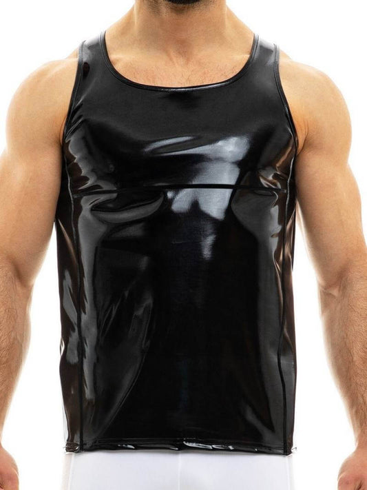 A person wearing a red, shiny PVC look sleeveless tank top with the MODUS VIVENDI logo at the back.