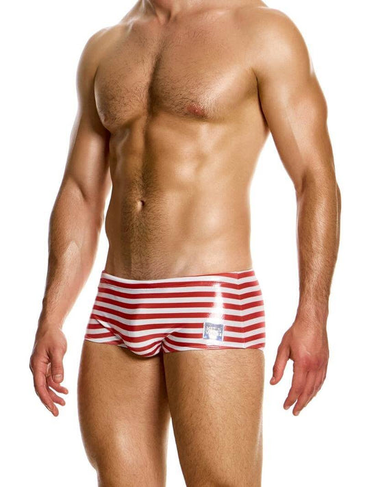 Mens MODUS VIVENDI Laminated Striped Brazil Cut Swim Trunk