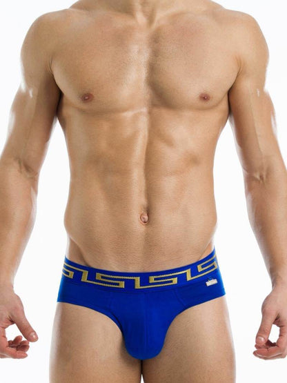 A model wearing a blue brief with a Meander Greek Key print waistband, part of the Modus Vivendi collection.
