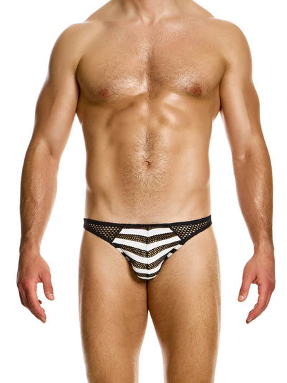 A man wearing a Modus Vivendi striped mesh bikini with a black fishnet body and white striped pouch.