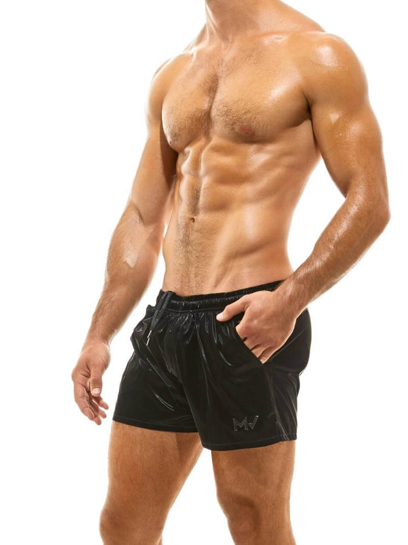 Modus Vivendi Monochrome Moon Swim Shorts: Metallic Velvet Look