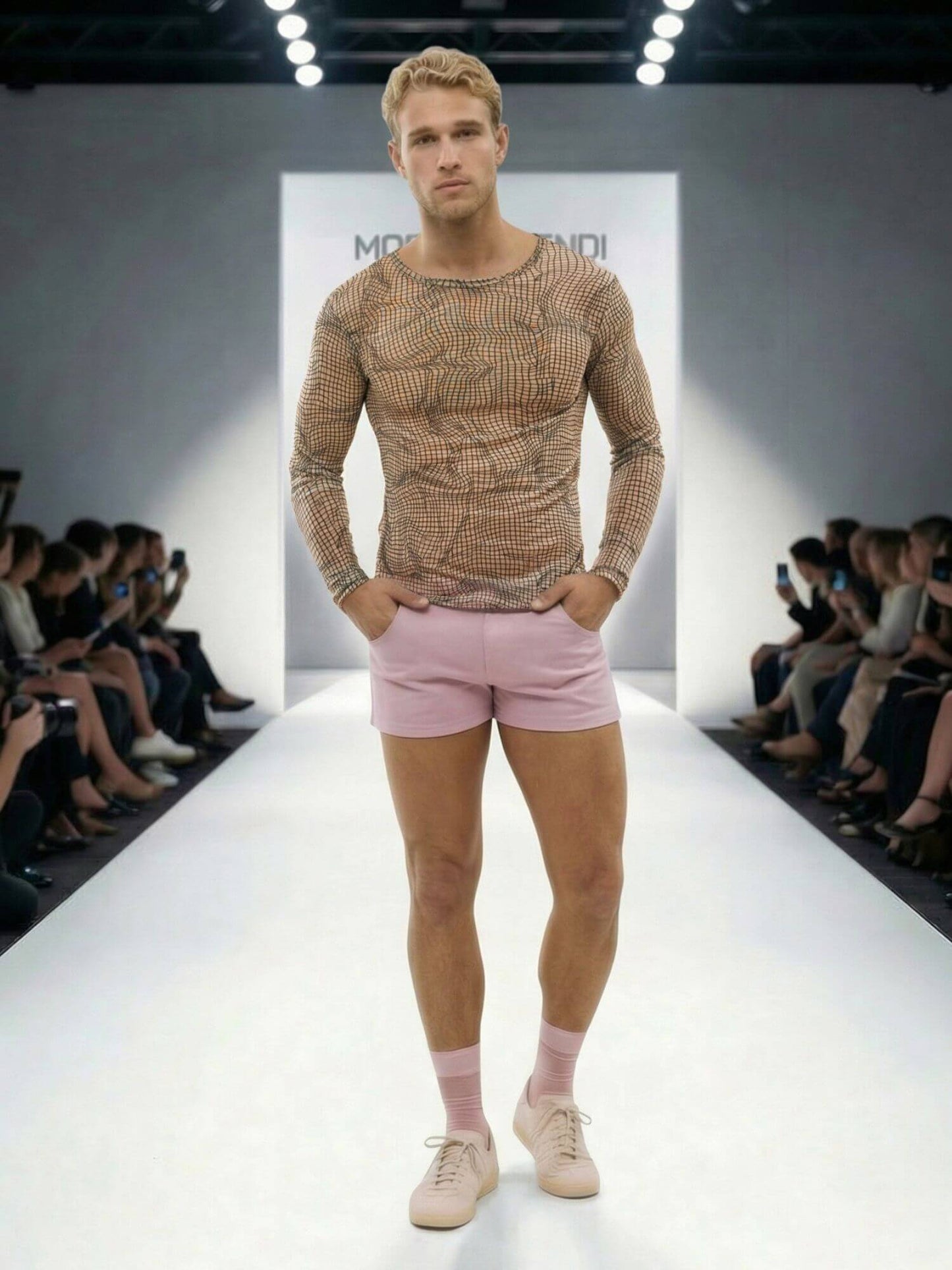 Model walking on a fashion runway wearing a patterned top and pink shorts.